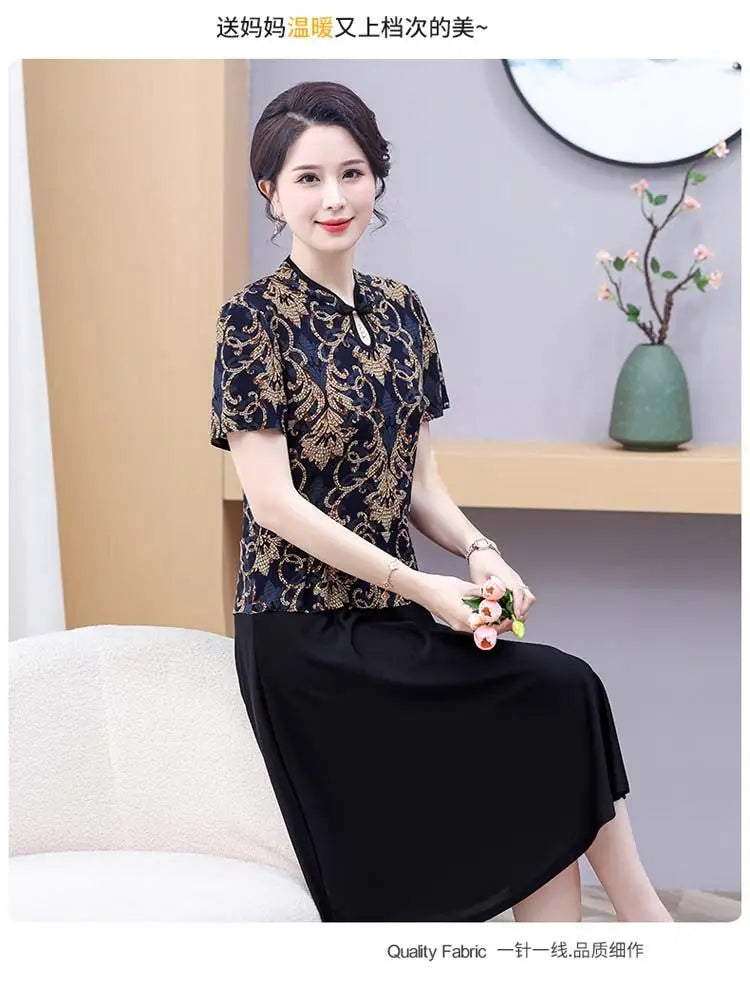 Mom's Summer New Style Cheongsam Elegant and Slimming Middle-aged Women's Wear Fake Two-piece Dress