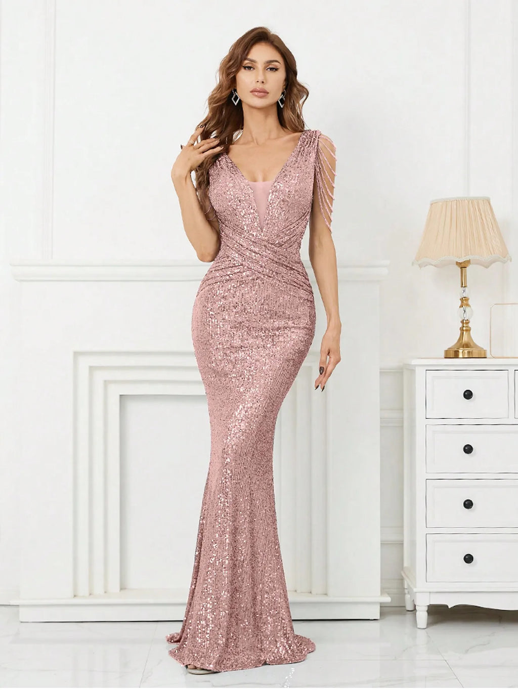 Rose Gold Sequin V-Neck Mermaid Evening Dress with Fringe Sleeves