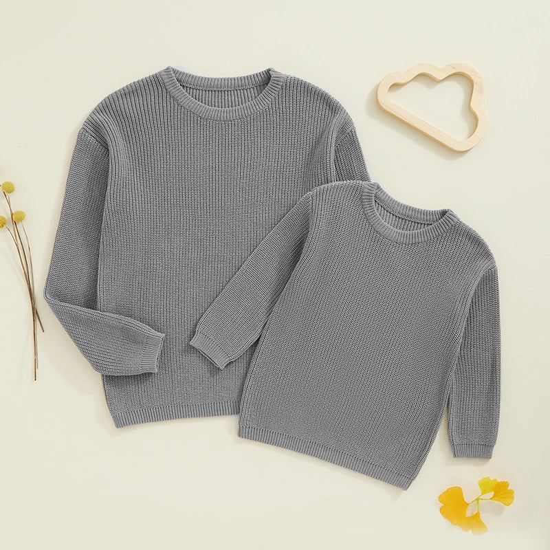 Suefunskry 1PC Mommy and Me Matching Sweaters Solid Color Knitted Long Sleeve Round Neck Warm Pullover Tops for Autumn Winter