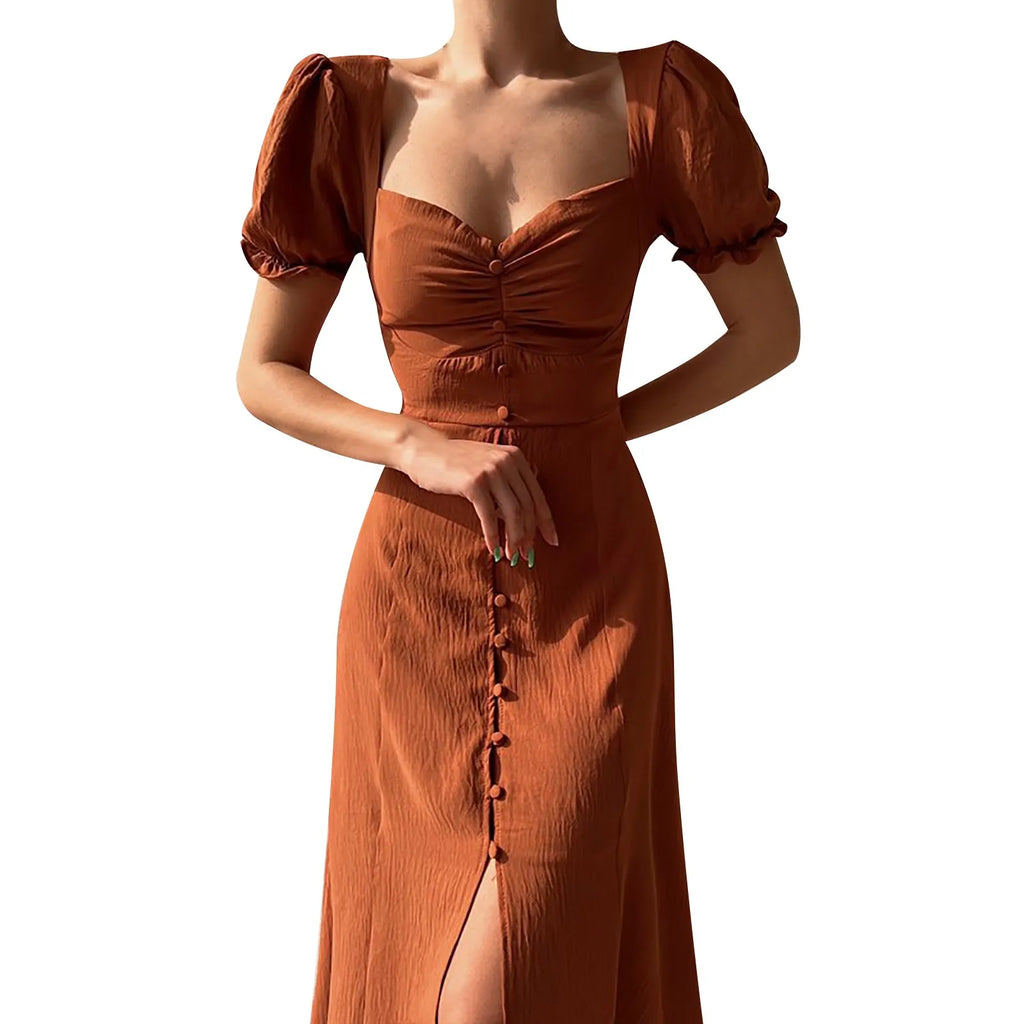 Slim Long Dresses Women Bodycon Button Up Square Neck Pleated Wrap Split Maxi Dress Summer Elegant Short puff Sleeve Sundress