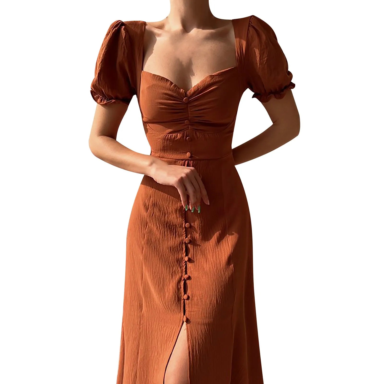 Slim Long Dresses Women Bodycon Button Up Square Neck Pleated Wrap Split Maxi Dress Summer Elegant Short puff Sleeve Sundress