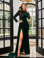 Emerald Green Velvet Long Sleeve High Neck Sequin Maxi Dress with Side Slit