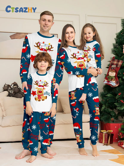 Christmas Family Pajamas: Matching White & Navy Set with Reindeer & Lights Prints