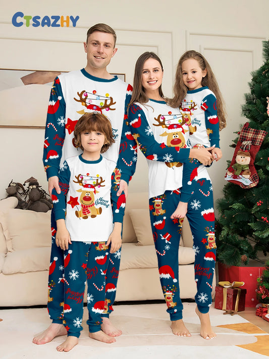 Christmas Family Pajamas: Matching White & Navy Set with Reindeer & Lights Prints