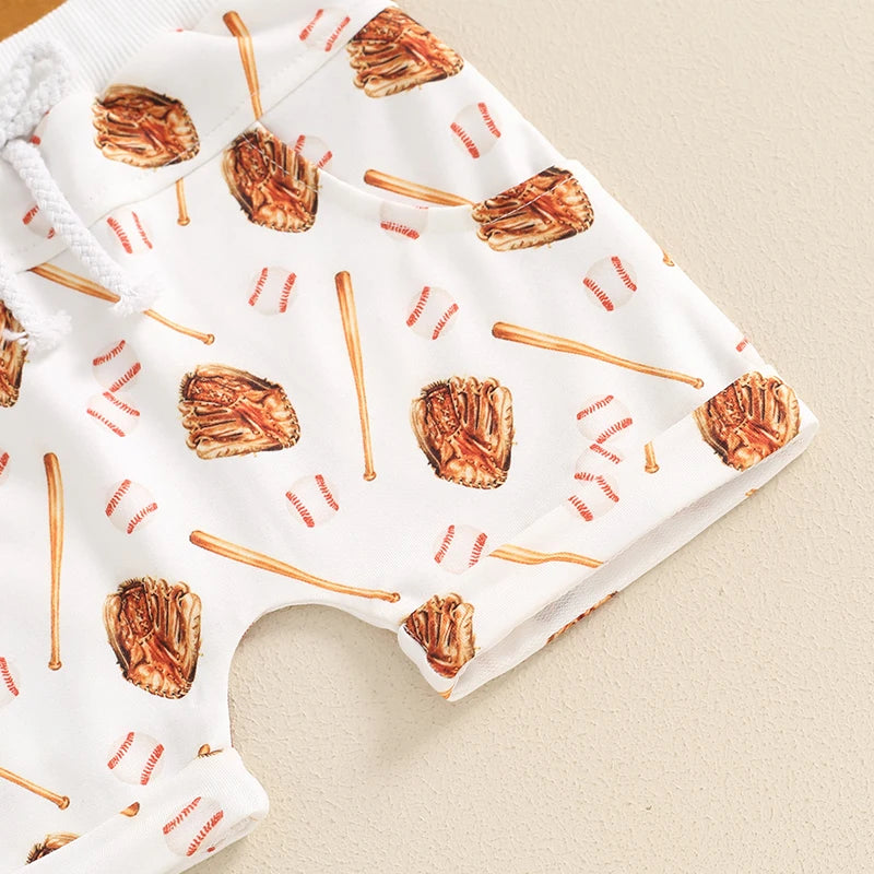 Toddler Boys 2-Piece Outfit Short Sleeve Tee with Fun Embroidery and Matching Baseball Print Shorts for a Stylish Summer Look