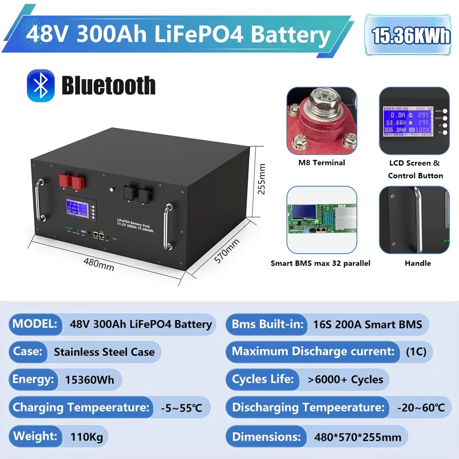 LiFePO4 48V 300Ah 15Kwh Battery 51.2V 100Ah 200Ah 120Ah 150Ah Lithium battery 6000 Cycles 48V Solar Energy Storage Akku EU STOCK