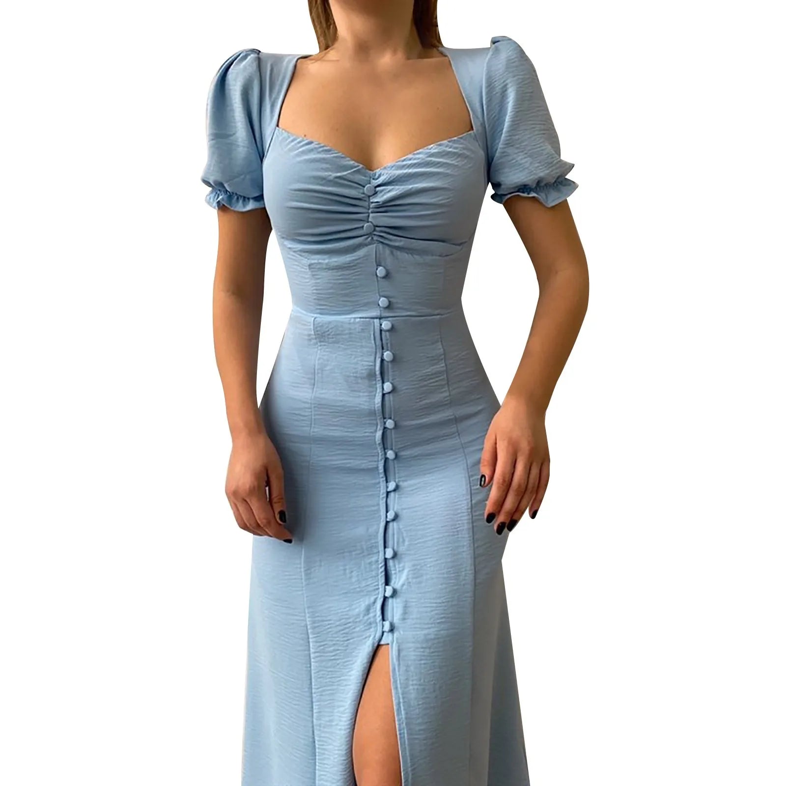 Slim Long Dresses Women Bodycon Button Up Square Neck Pleated Wrap Split Maxi Dress Summer Elegant Short puff Sleeve Sundress