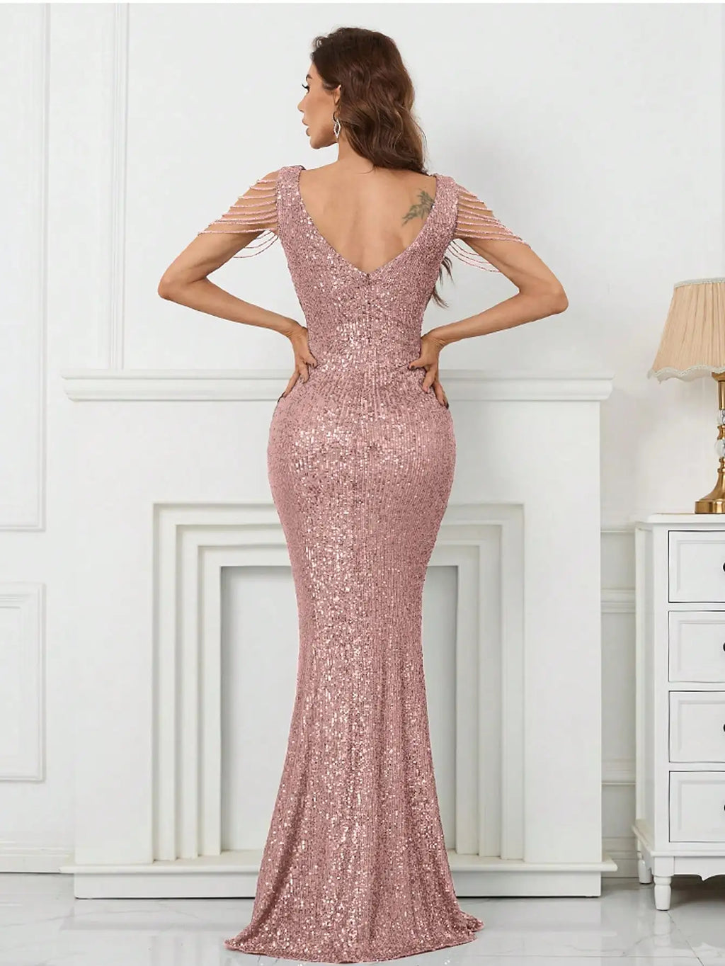 Rose Gold Sequin V-Neck Mermaid Evening Dress with Fringe Sleeves