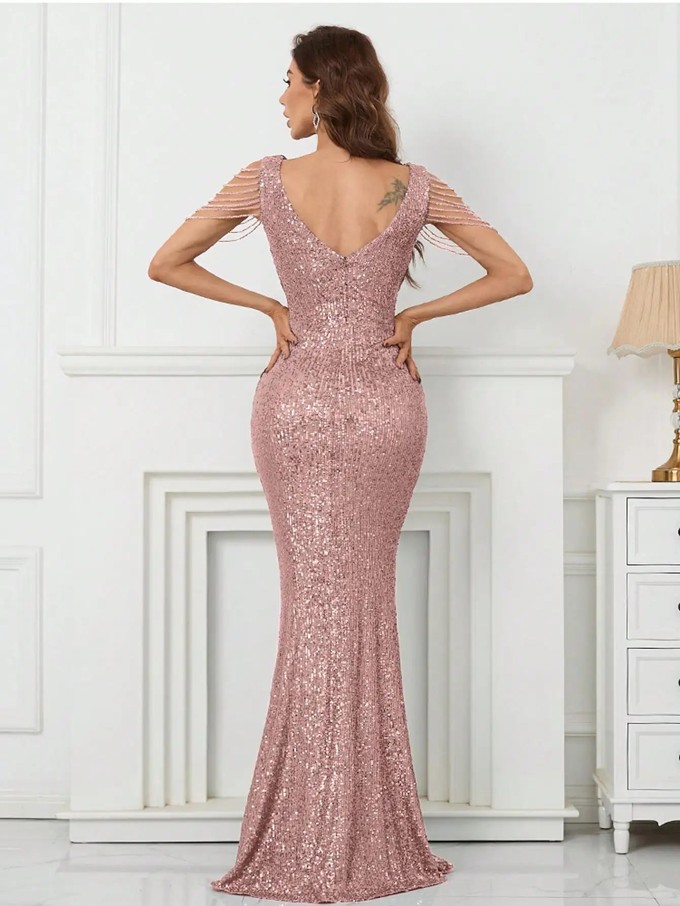 Rose Gold Sequin V-Neck Mermaid Evening Dress with Fringe Sleeves