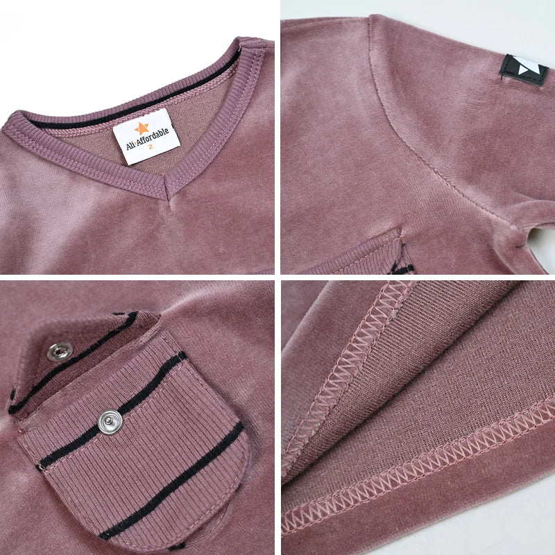 AA-Velour and striped layered set kids clothes sibling matching girl dress boys top baby romper v neck children family matching