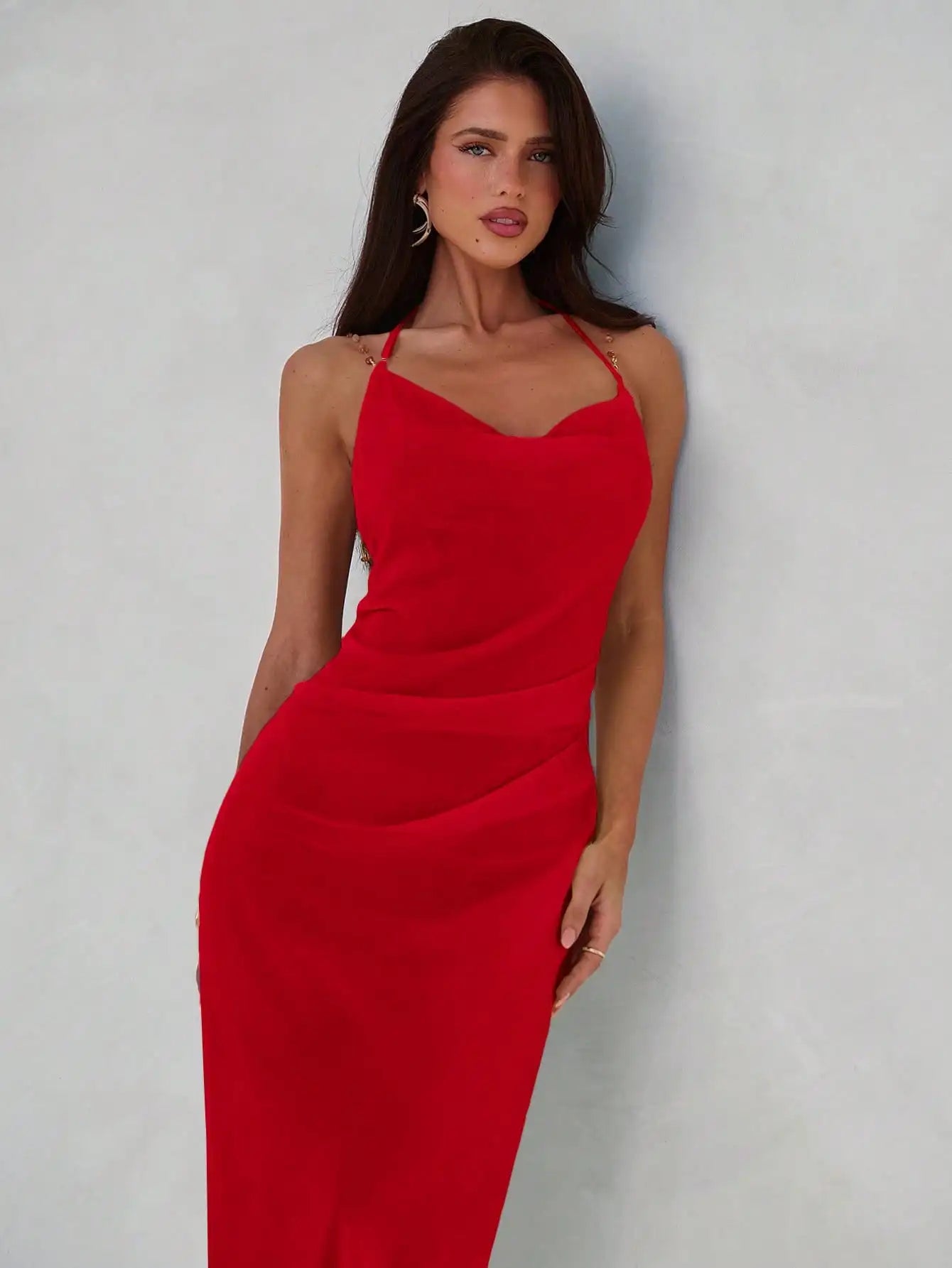 Women's Red Plunging Neck Backless Beaded Chain Maxi Dress for Evening