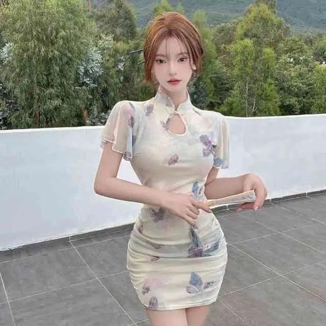 2025 Summer Women's Chinese-style Young Fashion Daily Slim-fit Lotus Leaf Edge Elegant Short-sleeved Cheongsam Dress