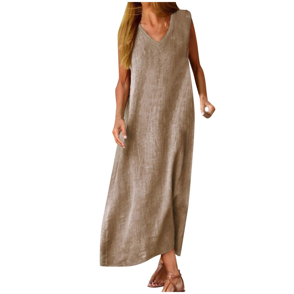 Women's Summer Dresses Cotton Linen Long Dress Sleeveless Loose Fit Robe Vestidos Solid Color Casual Sundress платье женское