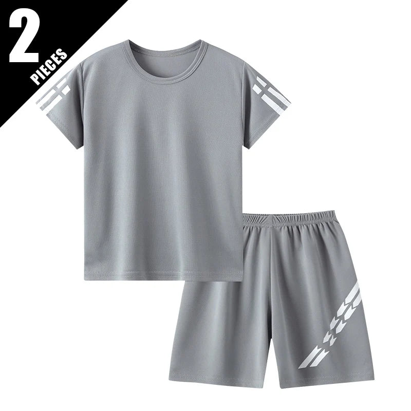 2 Pieces Children's Summer Solid Color Quick Drying Breathable Set Boys' Sports Running Is A Comfortable Top Girls' Loose Shorts
