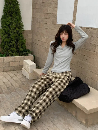 2025 Fashion Warm Plush Pants Cashmere Thick Plaid Ladies Winter Casual Loose Wide-legged Pants Korean Streetwear Students