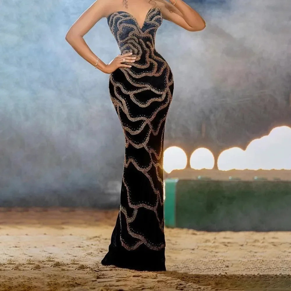 2024 Fall Floral Sequined Strapless Women Sleeveless Long Dress Sexy Birthday Party Evening Prom Maxi Dresses Vestidos