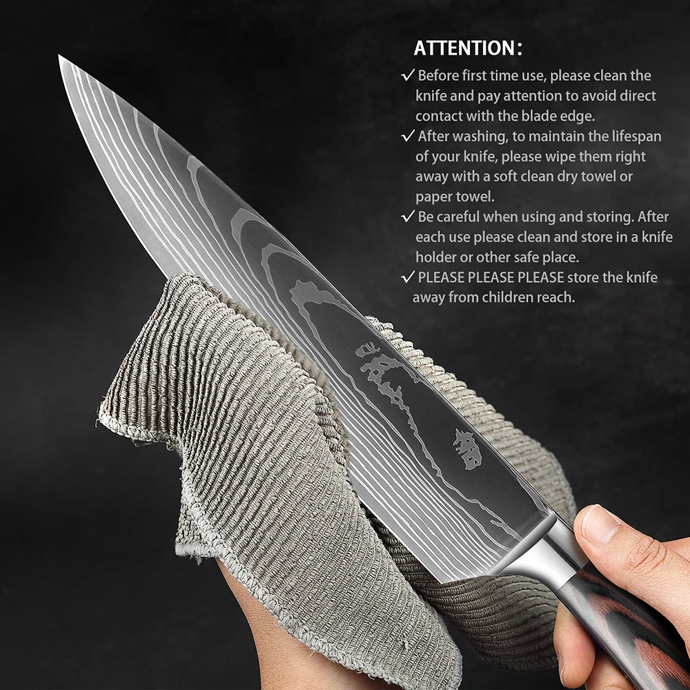 High quality 440C German Steel Kitchen Knife Damascus Laser Pattern Chef Knife Cleaver Filleting Santoku Knife Best Kitchen Tool