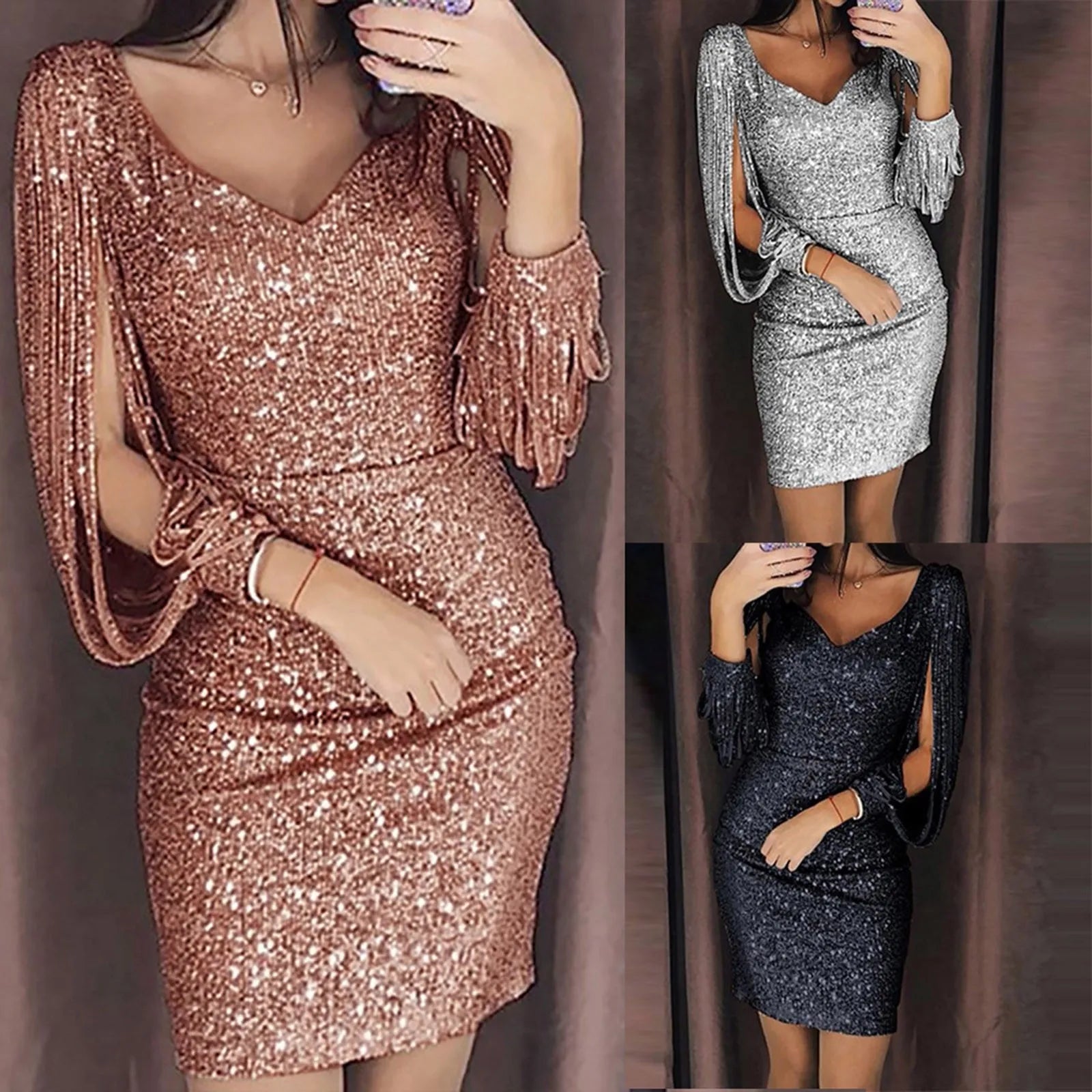 Women Bodycon Prom Dresses Elegant Sequined Tassels Long Sleeve Evening Dresses Solid Color Wrap Evening Party Dresses For Women