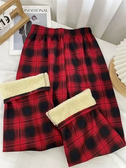 2025 Fashion Warm Plush Pants Cashmere Thick Plaid Ladies Winter Casual Loose Wide-legged Pants Korean Streetwear Students