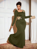 Elegant Plus Size Black Long Sleeve Evening Dress with Gold Floral Embellishments