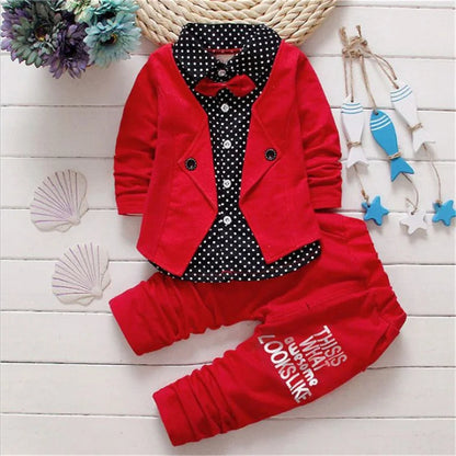 Autumn toddler boy polka dot V-neck bow tie shirt+suit jacket+letter printed trousers 3Pcs suit