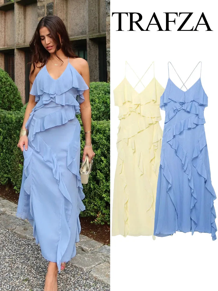 TRAFZA Woman Elegant Chic Zipper Beach Party Dress Summer Women Sexy V-Neck Sleeveless Backless Wrinkles Decorate Midi Dress