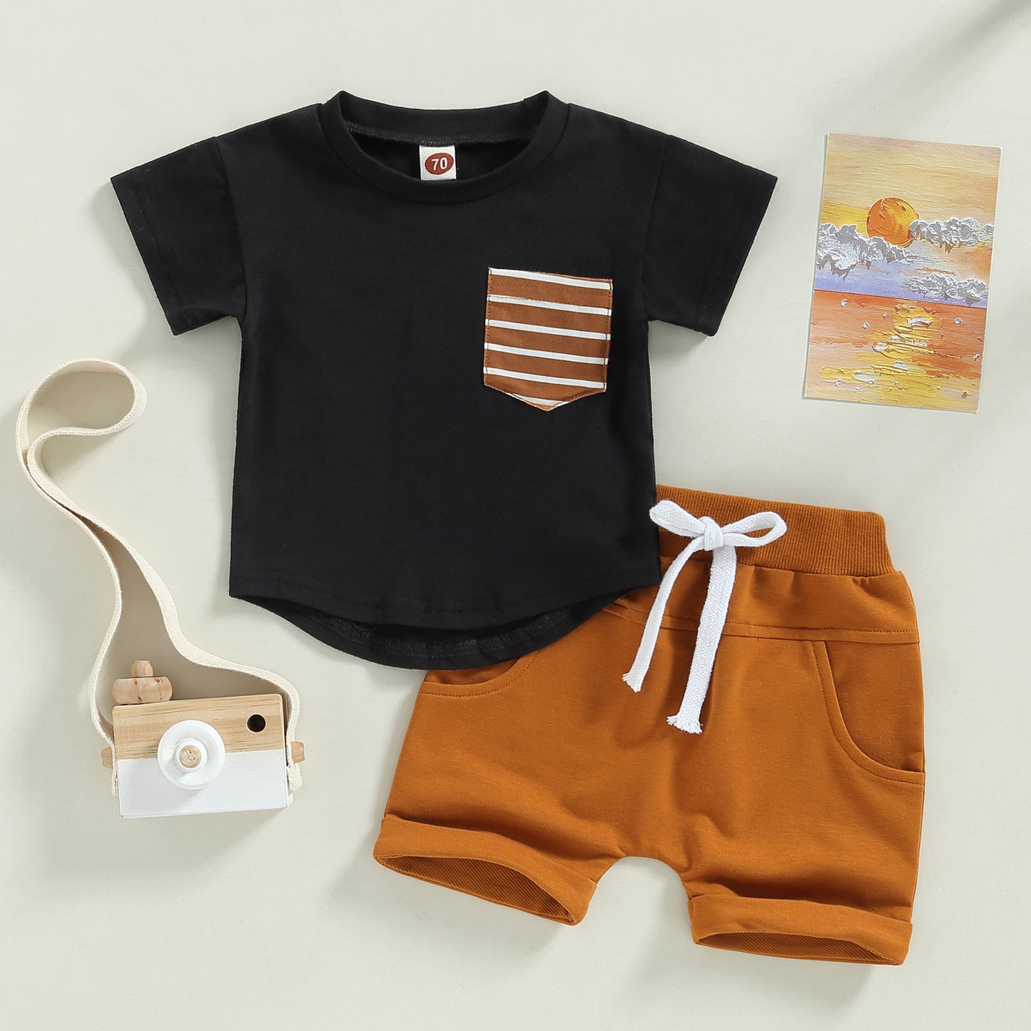 2023-01-10 Lioraitiin 0-3Years Baby Boys 2Pcs Shorts Set Short Sleeve Crew Neck Stripes T-shirt with Elastic Waist Shorts