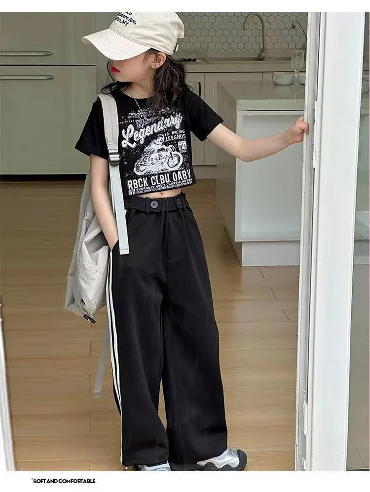 Girls' summer casual suit, new children's fashionable T-shirt, casual pants, summer dress, foreign short-sleeved two-piece set,
