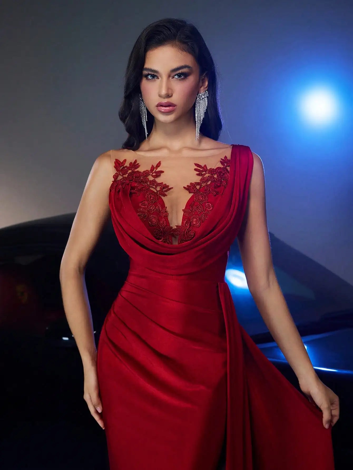 Burgundy Red Evening Dress with Floral Lace Applique and Draped Asymmetrical Hem
