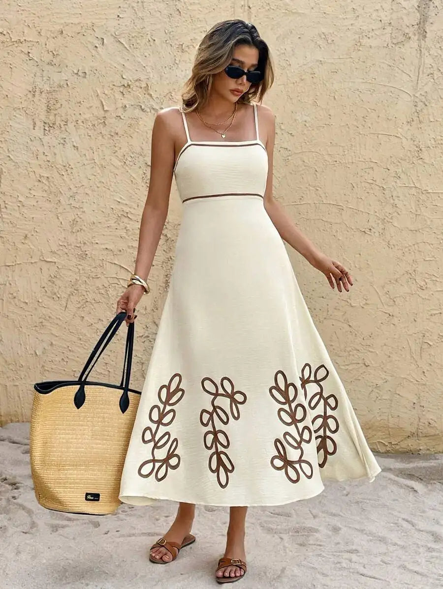 Cream Embroidered Leaf Pattern Spaghetti Strap Midi Dress Summer Casual Beach
