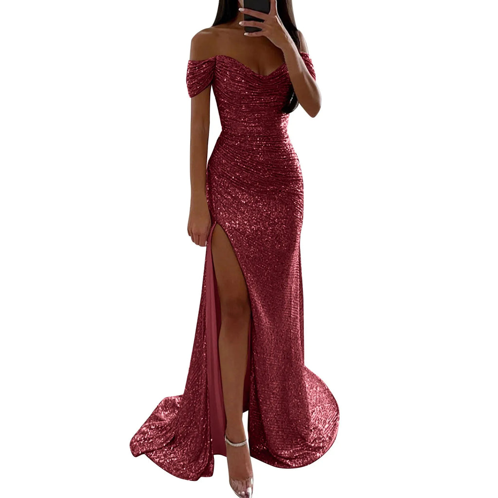 Women's Off Shoulder Prom Dresses Sexy Sequins Sleeveless Solid Floor Length Dress Elegant Bridesmaid Evening Dress Prom Gowns