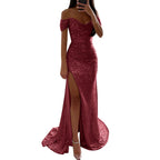 Women's Off Shoulder Prom Dresses Sexy Sequins Sleeveless Solid Floor Length Dress Elegant Bridesmaid Evening Dress Prom Gowns