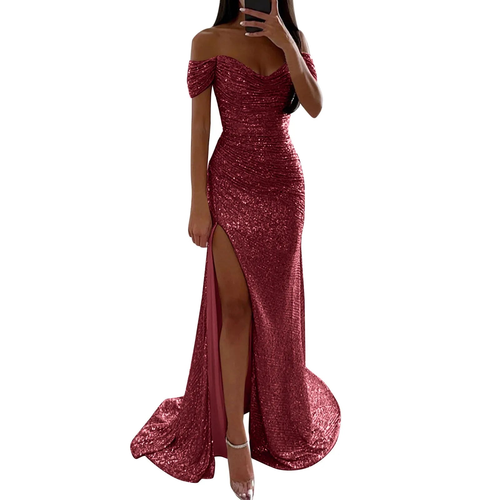 Women's Off Shoulder Prom Dresses Sexy Sequins Sleeveless Solid Floor Length Dress Elegant Bridesmaid Evening Dress Prom Gowns