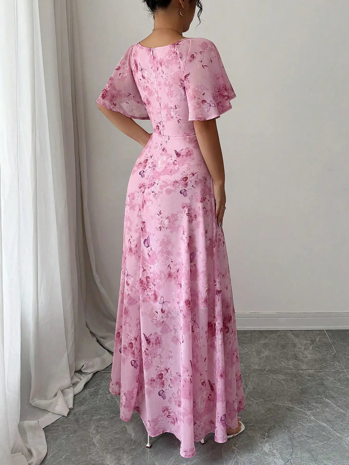 Pink Butterfly Print Chiffon Maxi Dress with Ruched Bodice and Batwing Sleeves for Summer