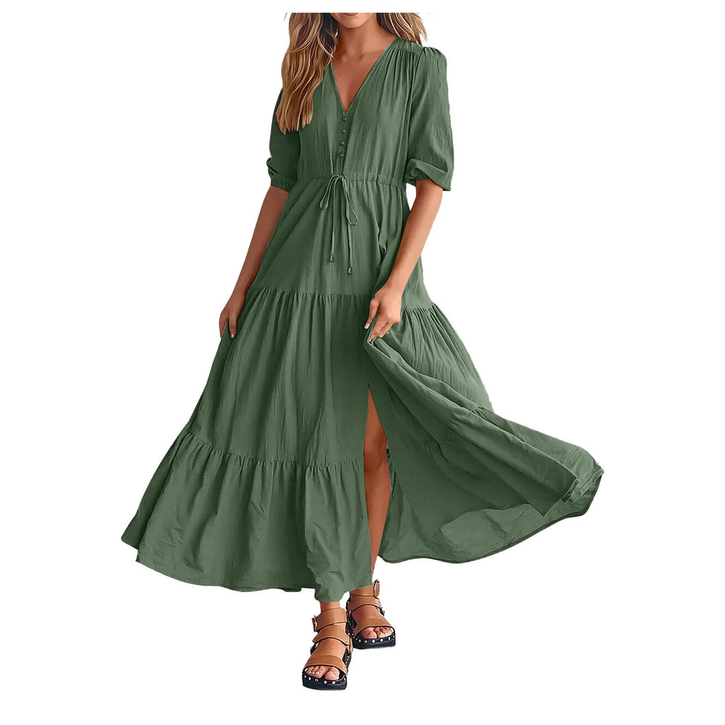 Women Button Drawstring Maxi Dresses Summer Lantern Sleeve Solid Color Boho Long Dresses Sexy A Line Tierred Large Swing Dress