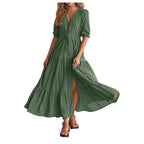Women Button Drawstring Maxi Dresses Summer Lantern Sleeve Solid Color Boho Long Dresses Sexy A Line Tierred Large Swing Dress