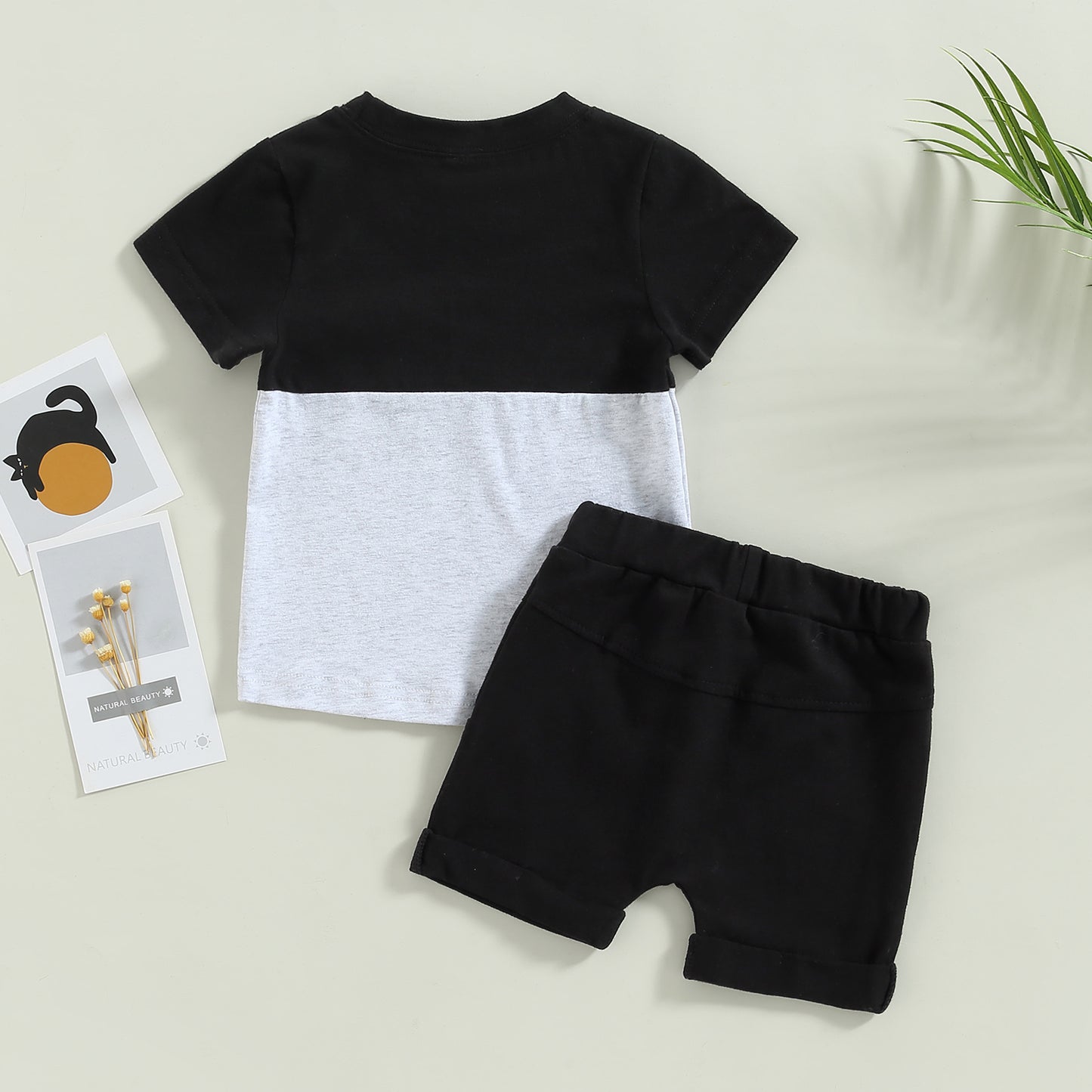 2023-02-01 Lioraitiin 0-3Years Toddler Boys 2Pcs Summer Outfit Sets Short Sleeve Contrast Color Tops Solid Drawstring Shorts