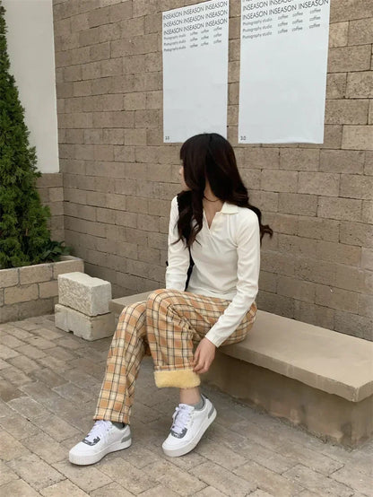 2025 Fashion Warm Plush Pants Cashmere Thick Plaid Ladies Winter Casual Loose Wide-legged Pants Korean Streetwear Students