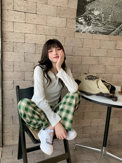 2025 Fashion Warm Plush Pants Cashmere Thick Plaid Ladies Winter Casual Loose Wide-legged Pants Korean Streetwear Students