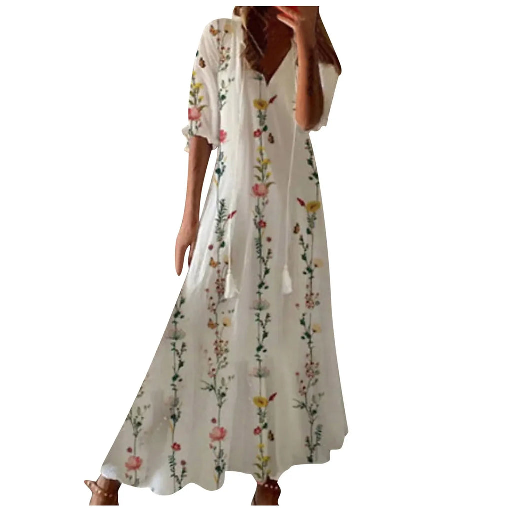 Women Dresses Casual Loose Comfortable Plus Size Dress With Tassels Bohemian Printed V Neck Long Length Woman Vestidosct