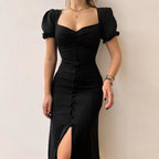 Slim Long Dresses Women Bodycon Button Up Square Neck Pleated Wrap Split Maxi Dress Summer Elegant Short puff Sleeve Sundress