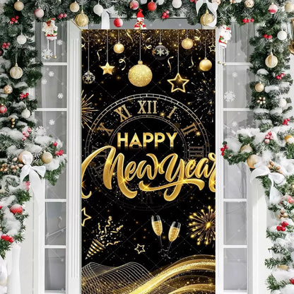 Black Gold 2026 Happy New Year Theme Party Door Decor Backdrop New Year Clock Gift Champagne Party Cake Table Porch Decor Banner
