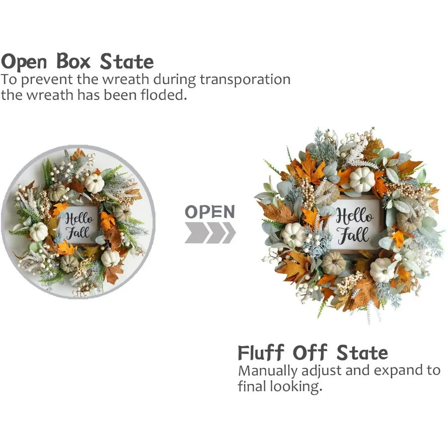 20inch Thanksgiving Fall Wreath with Eucalyptus Berries Pumpkins Lamb Ears Leaves for Front Door Porch Wall Home Outdoor Holida