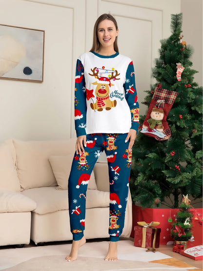 Christmas Family Pajamas: Matching White & Navy Set with Reindeer & Lights Prints