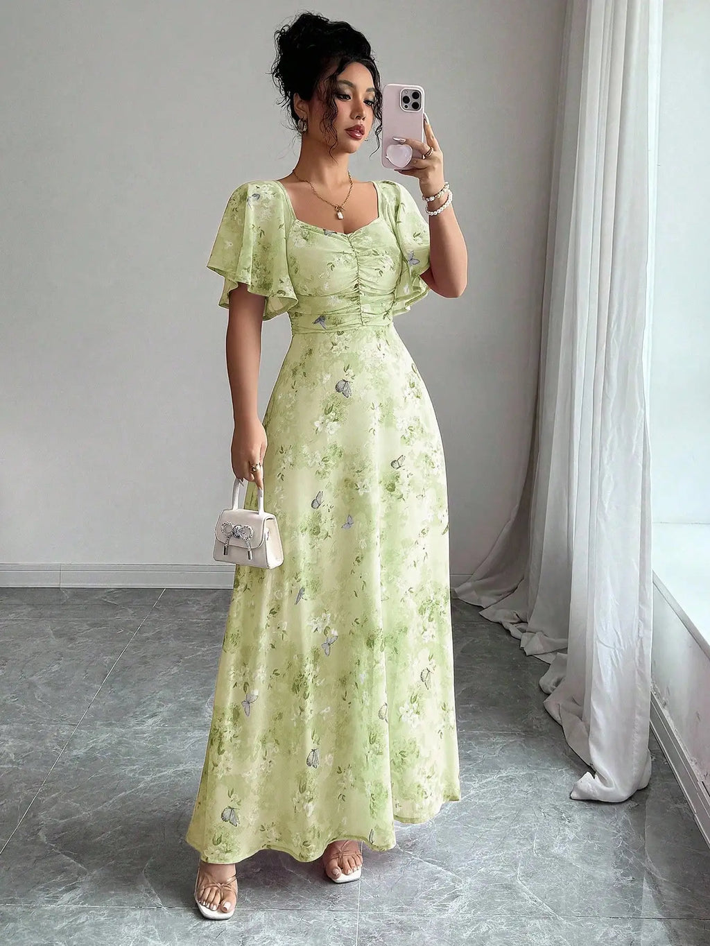 Pink Butterfly Print Chiffon Maxi Dress with Ruched Bodice and Batwing Sleeves for Summer