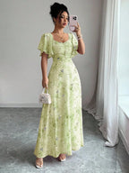 Pink Butterfly Print Chiffon Maxi Dress with Ruched Bodice and Batwing Sleeves for Summer