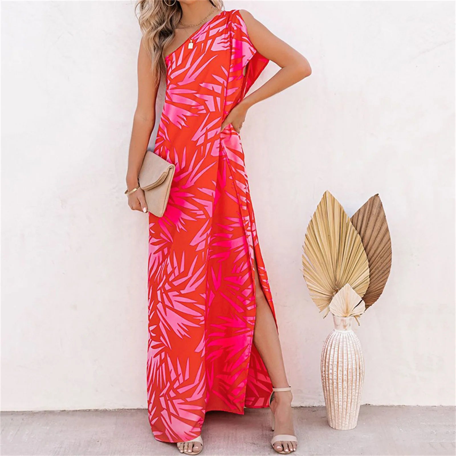 Tropical Printing Women Maxi Dress Summer Elegant One Shoulder Sleeveless Slit Long Party Evening Dress Lady Boho Sundress Robe