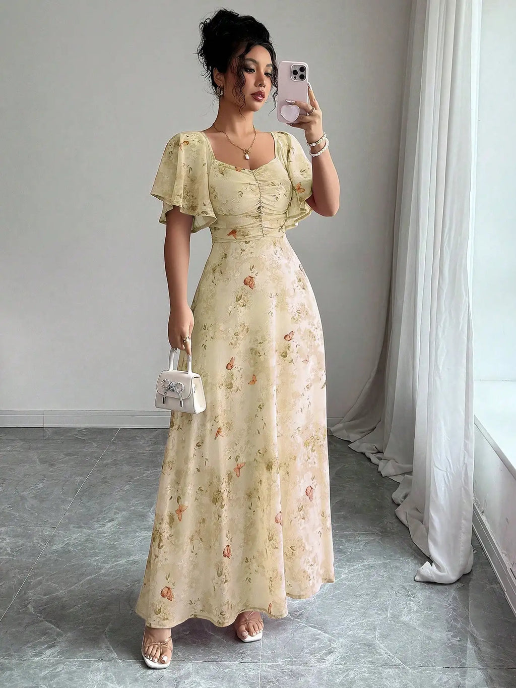 Pink Butterfly Print Chiffon Maxi Dress with Ruched Bodice and Batwing Sleeves for Summer