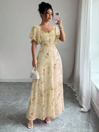 Pink Butterfly Print Chiffon Maxi Dress with Ruched Bodice and Batwing Sleeves for Summer