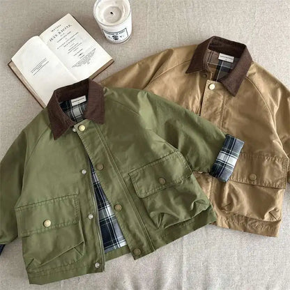 2025  Spring Autumn Kids Boys Jacket Plaid Spliced Pocket Long Sleeve Toddler Boys Outerwears Coat Children Boys Jacket